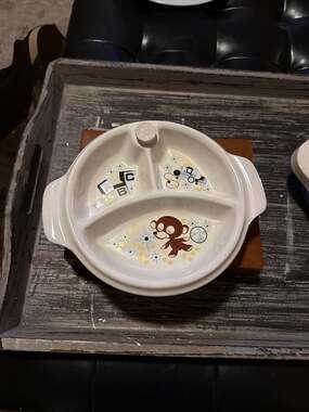 Vintage 1940s Excello Ceramic Child's Divided Warming Plate with Monkey, Train,